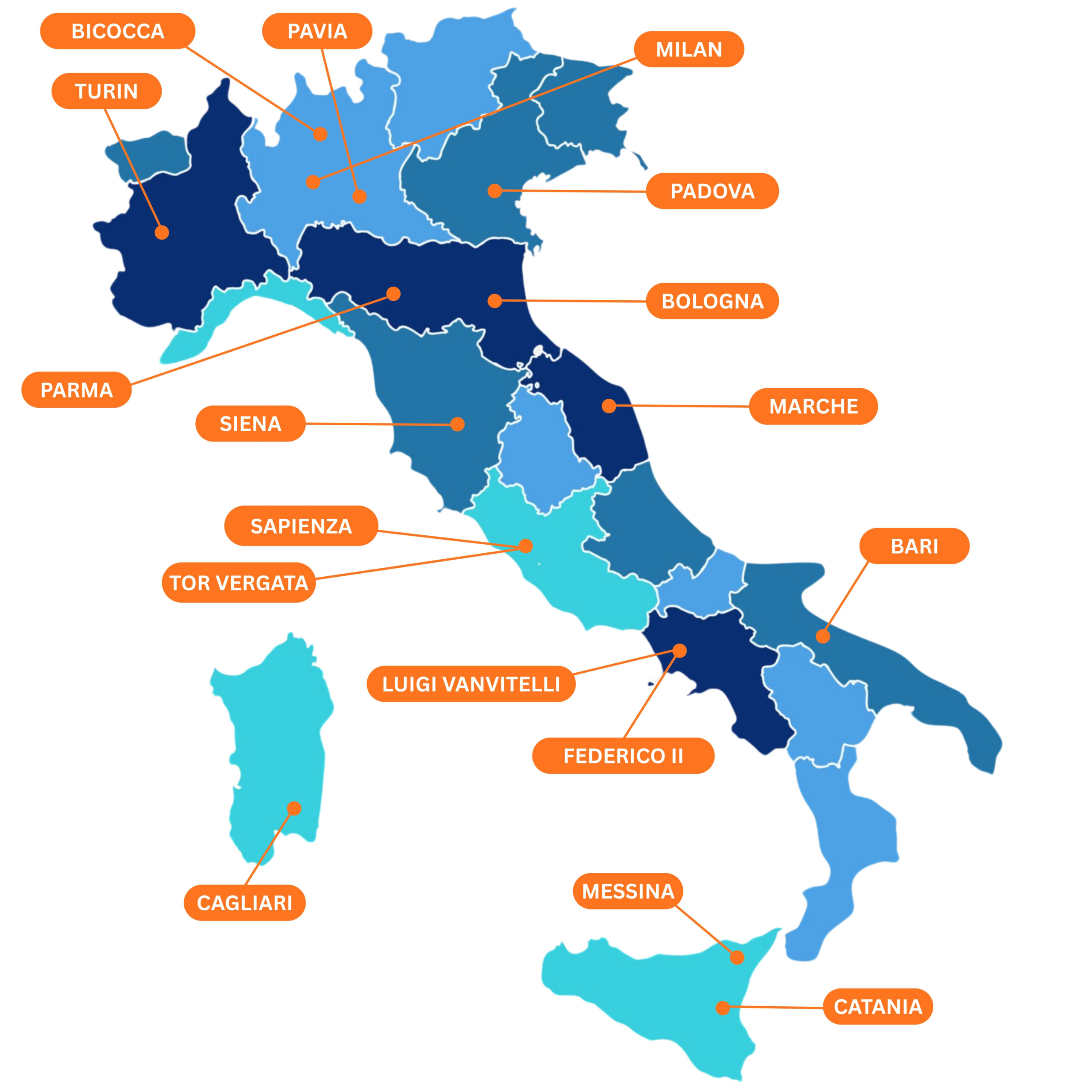 Map of Italy showing public universities for Medicine, Dentistry, Pharmacy and Veterinary
