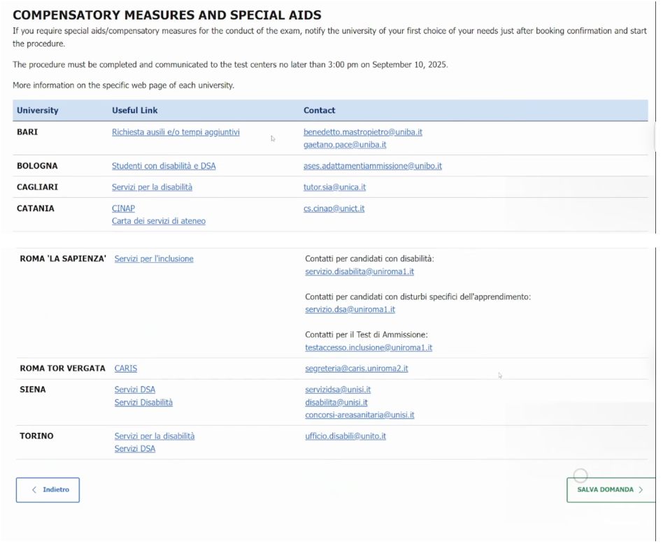 Step 6: Special assistance section on Universitaly